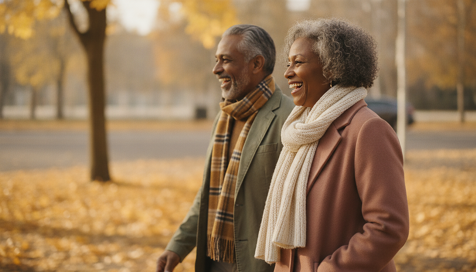 A couple in their 50s laughing together on an autumn walk
