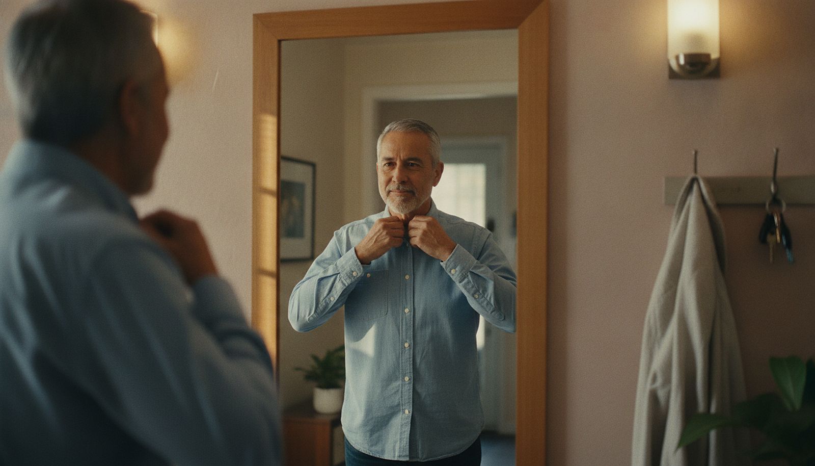 Man in his 50s adjusting his shirt collar in a hallway mirror before a first date