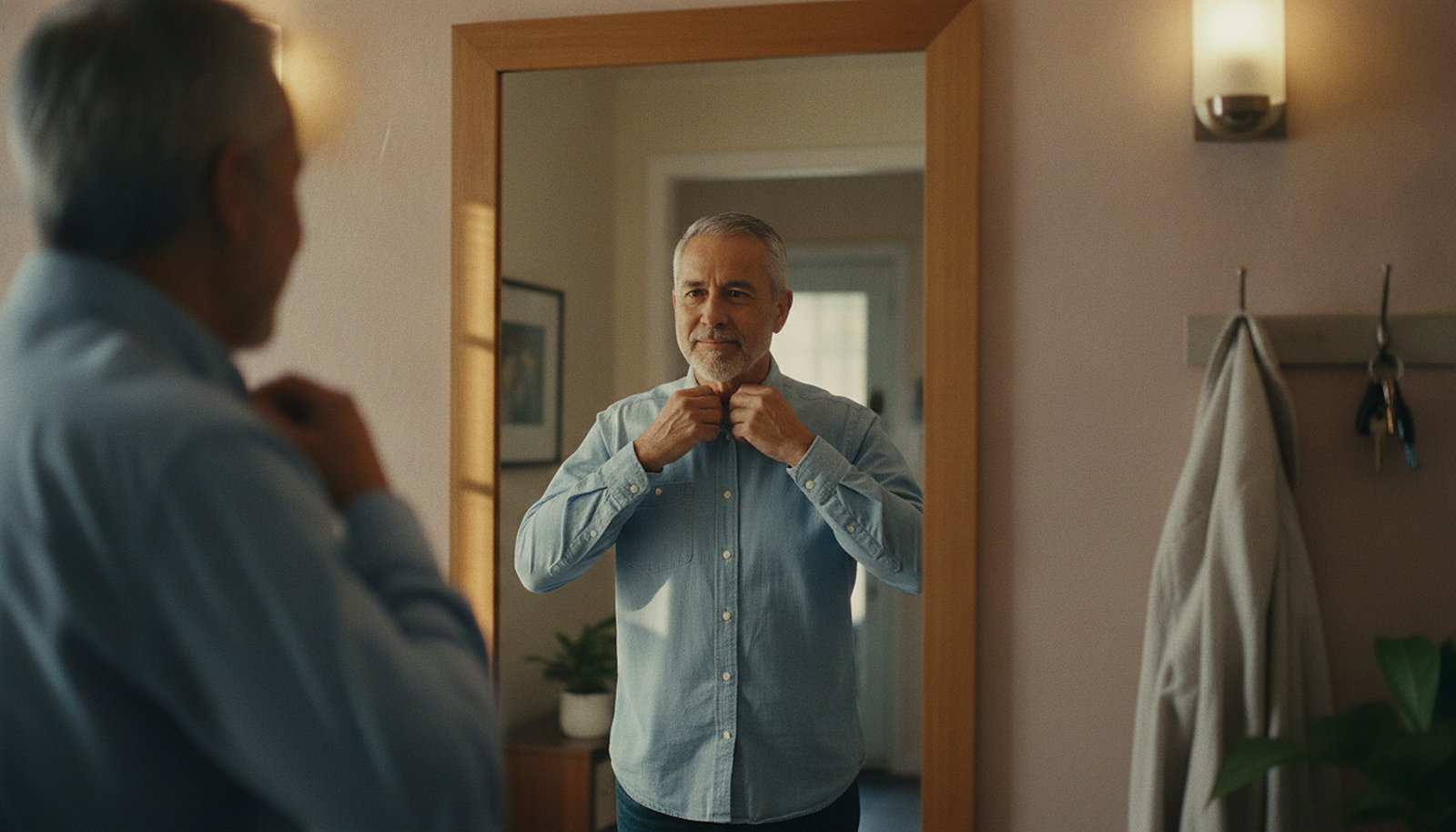 Man in his 50s adjusting his shirt collar in a hallway mirror before a first date
