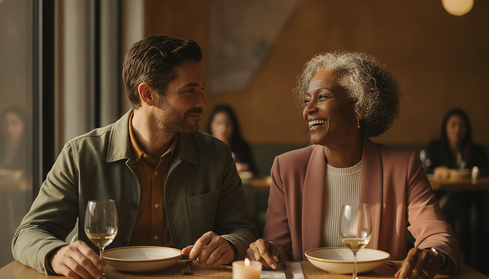 An older woman and her younger partner laughing together over dinner