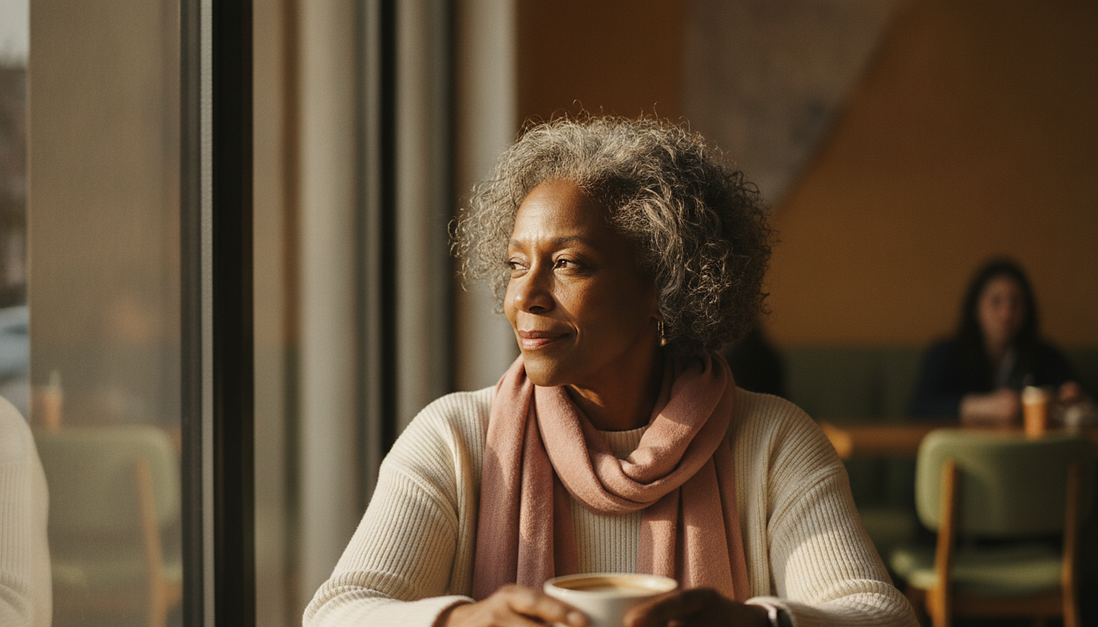 Woman in her 50s having coffee by a cafe window before a date, calm and confident