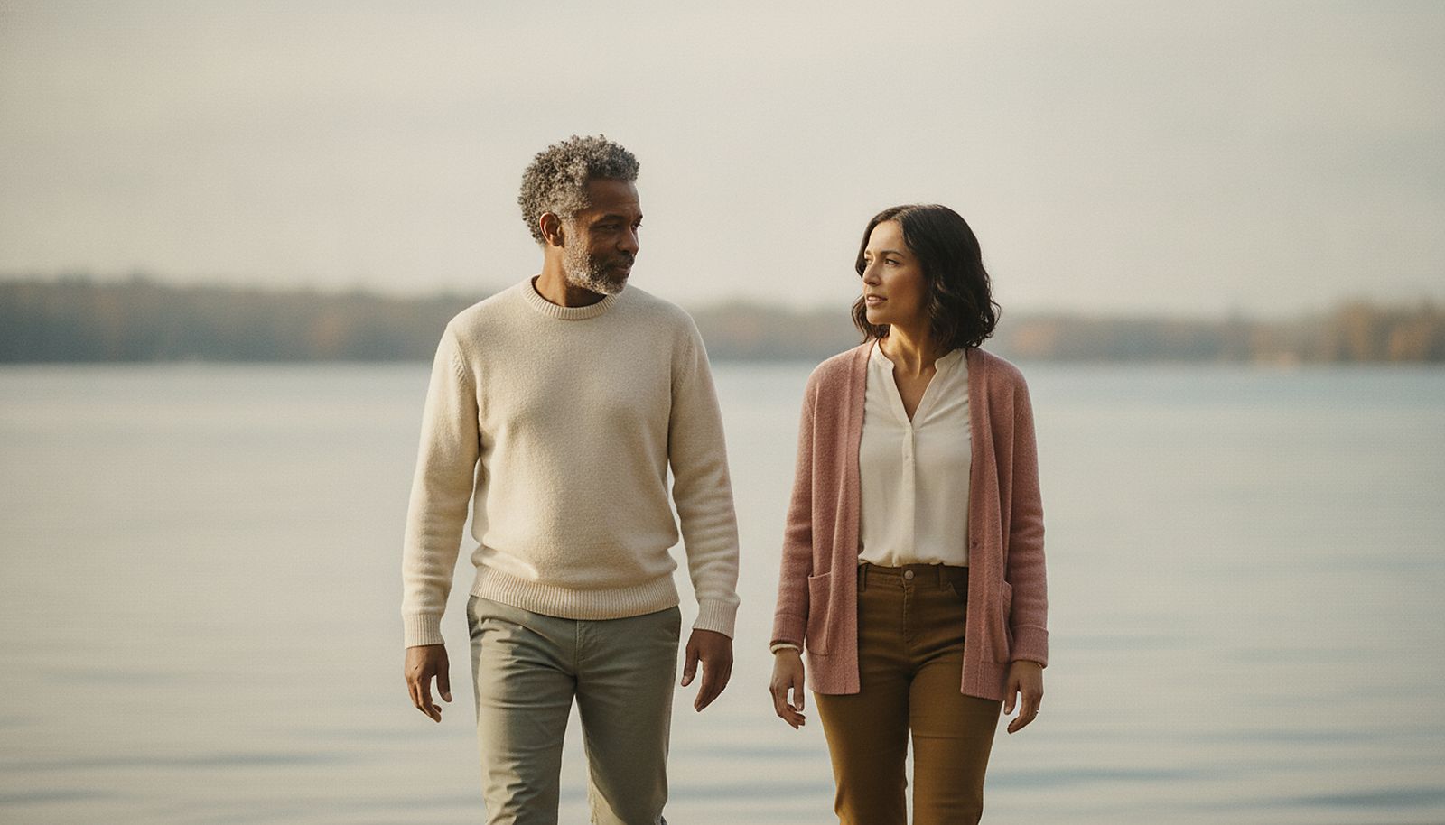 A younger woman and an older man walking by the water, talking easily