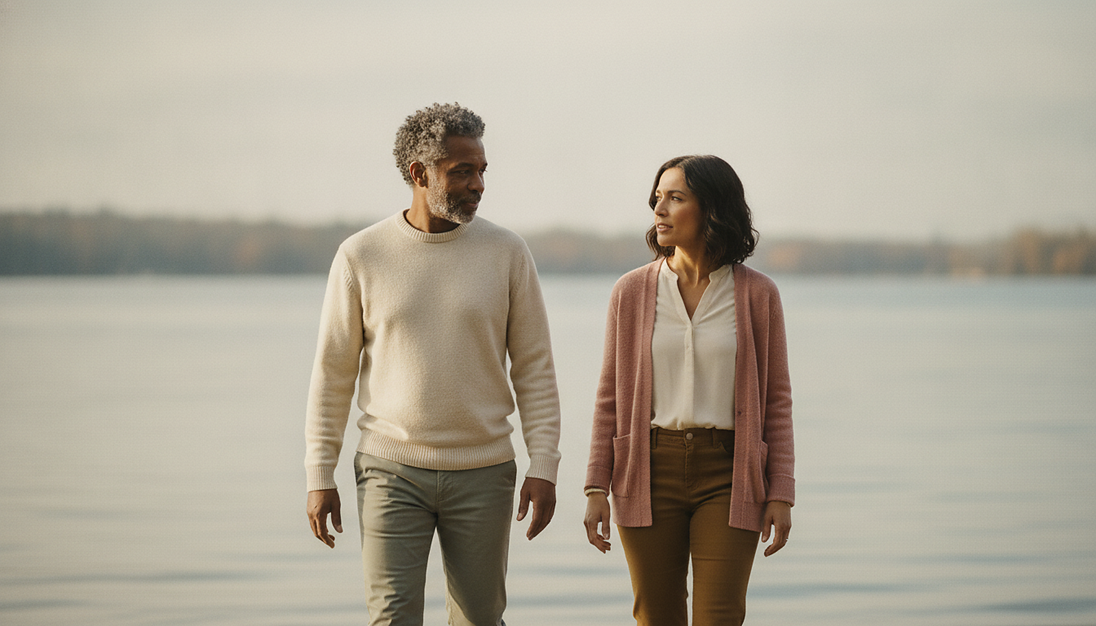 A younger woman and an older man walking by the water, talking easily