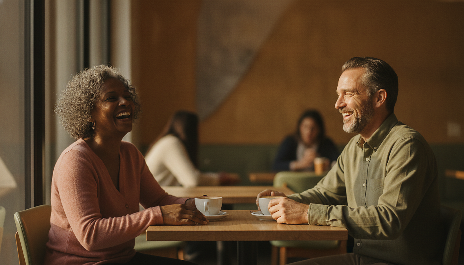 Two people in their 50s on a first coffee date, nervous and smiling