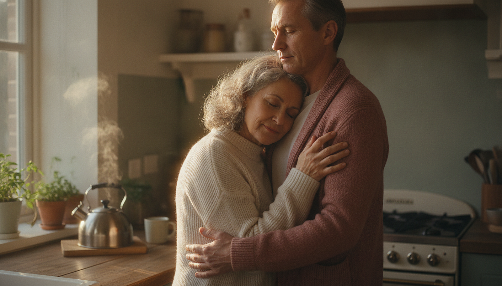 An older couple embracing in their kitchen in soft morning light