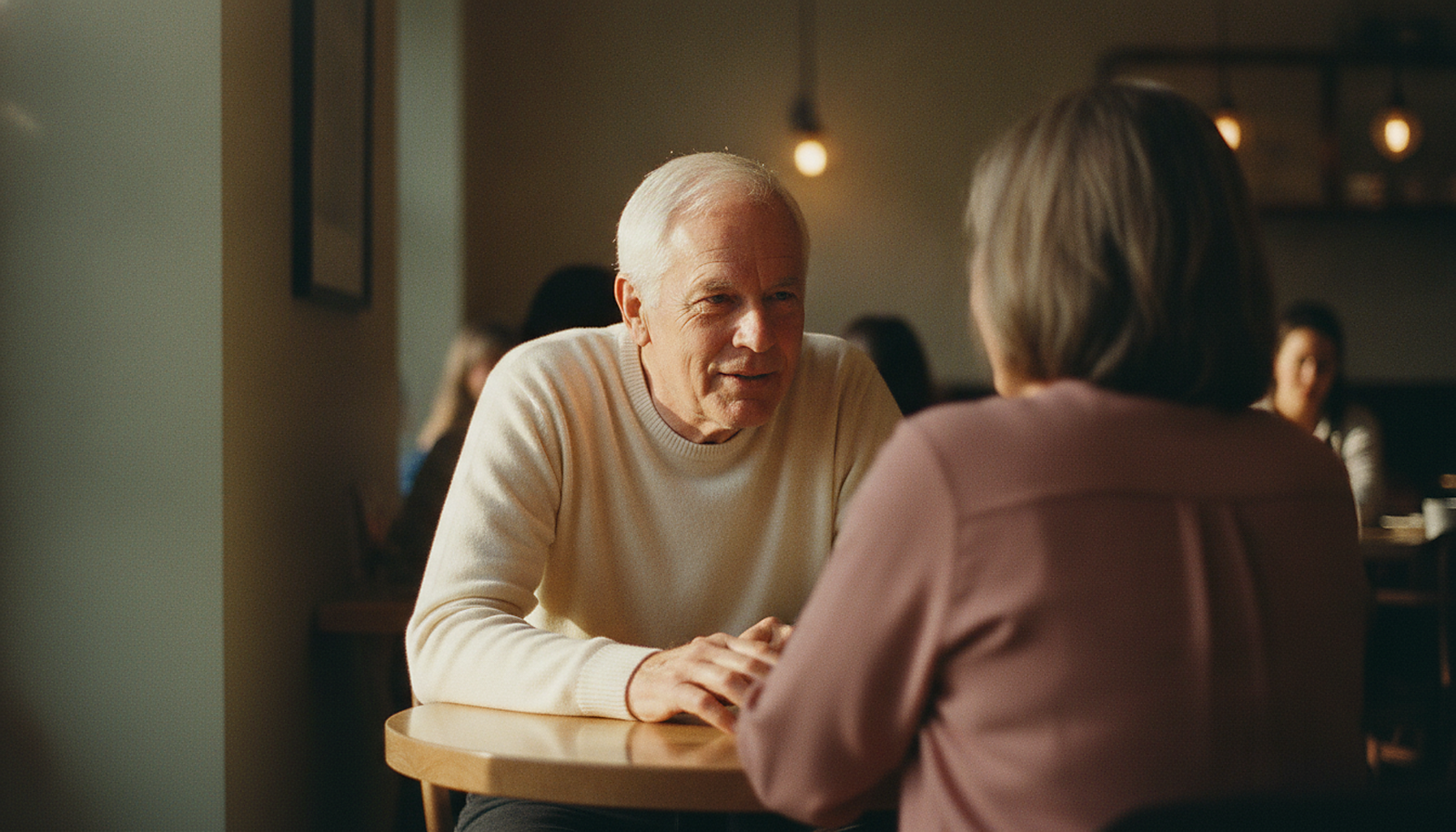 Man in his 50s listening closely to his date across a restaurant table