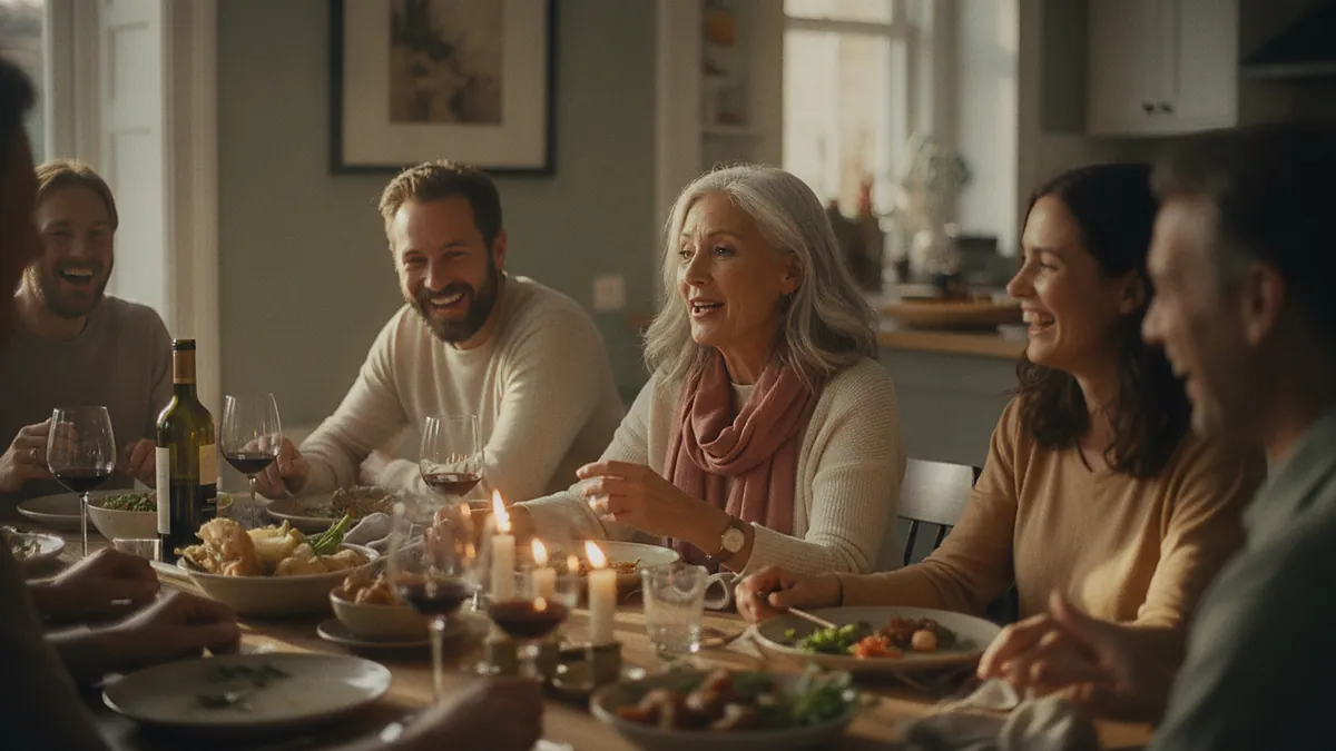 Older woman and younger man at ease at a family dinner with mixed generations