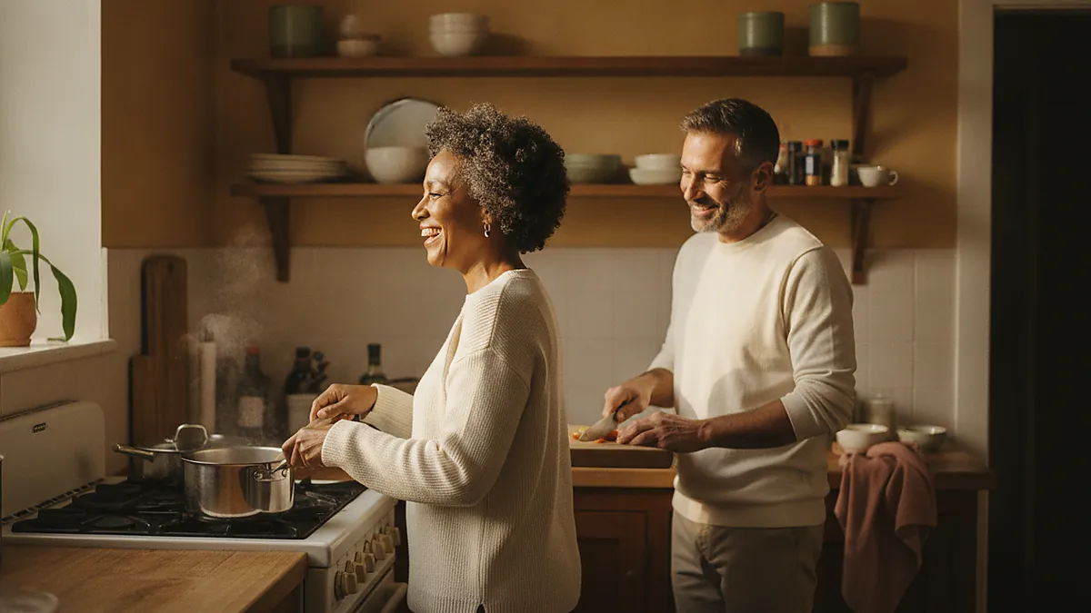 What men in their 50s respond to: a couple cooking dinner together, laughing