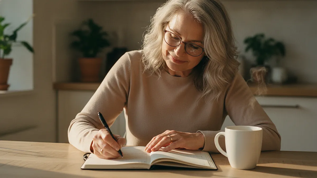 Woman planning her first weeks of dating over fifty in a paper planner over morning coffee