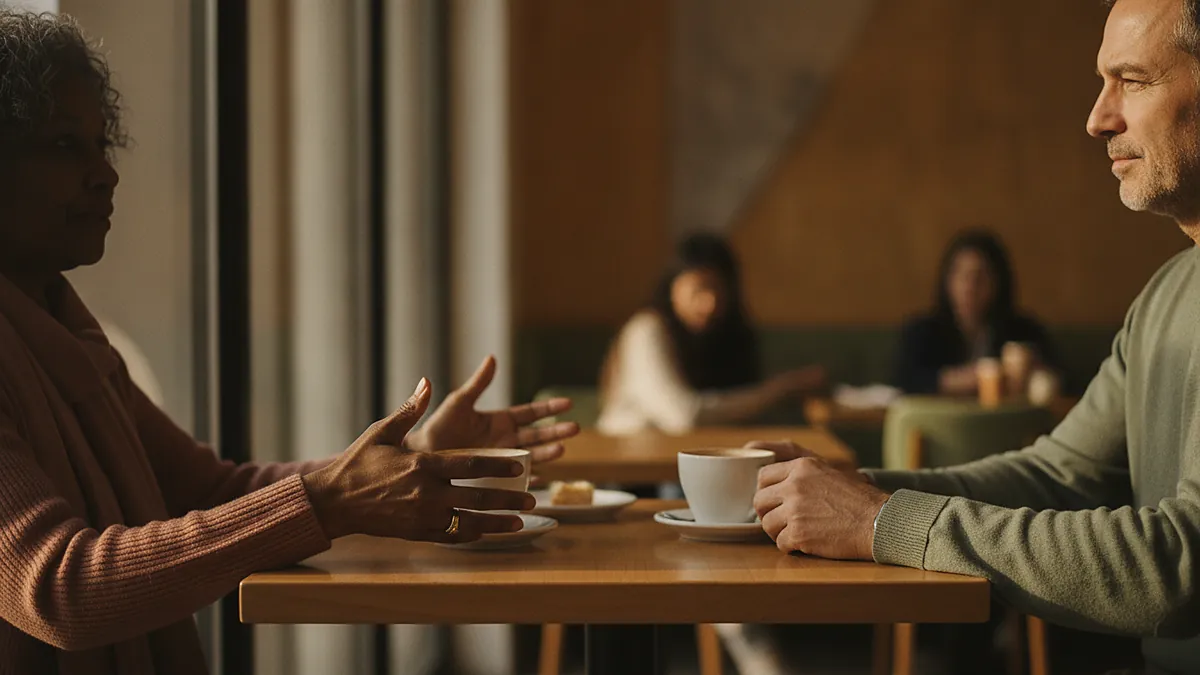 Two coffee cups and attentive hands across a first-date table