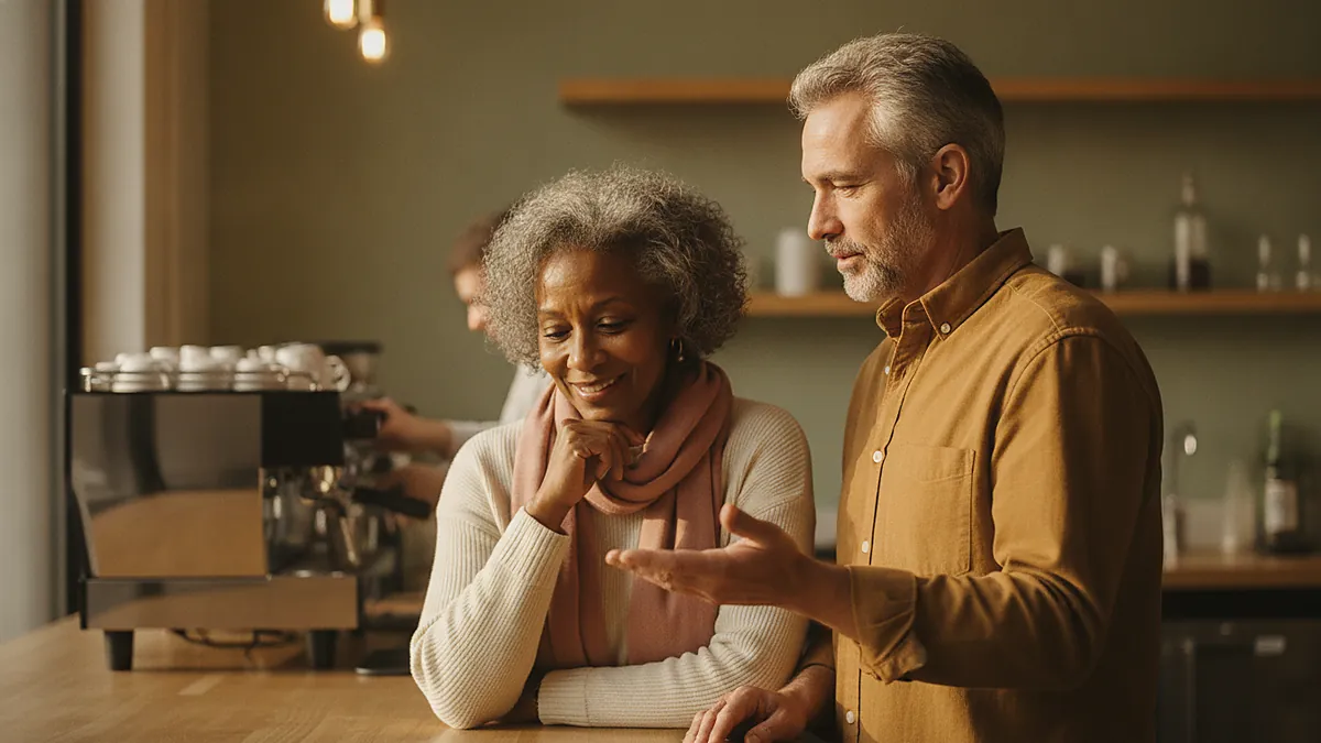 First date over 50 at a daylight coffee bar, two people ordering at the counter