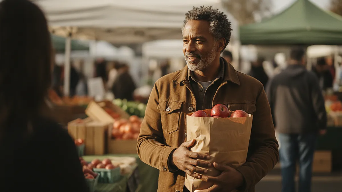 Man in his 50s in an easy conversation at a farmers market stall