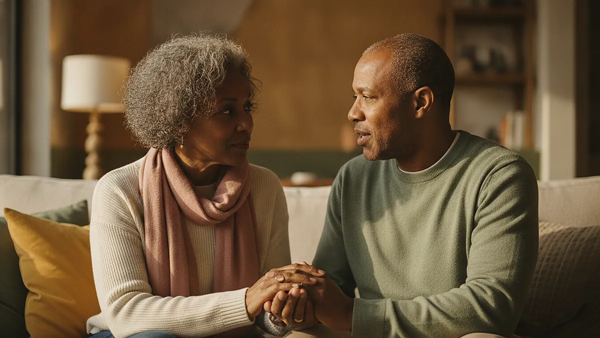 Couple in their 60s holding hands and talking honestly on the sofa