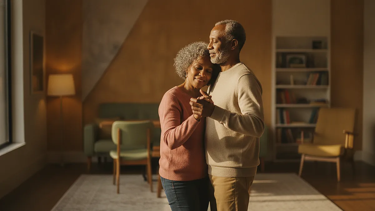 Older couple slow dancing in their living room, eyes closed