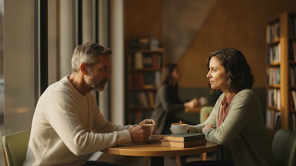 Older man and younger woman in a long conversation at a bookshop cafe