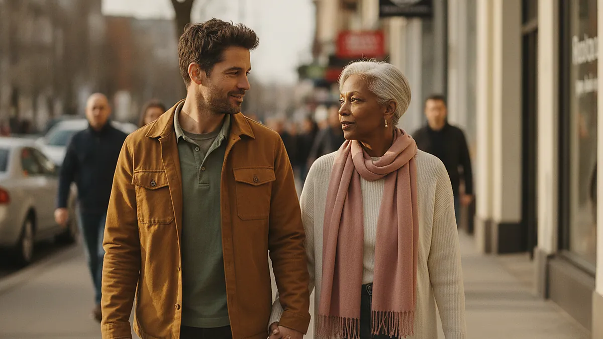 Older woman and her younger partner walking hand in hand through the city