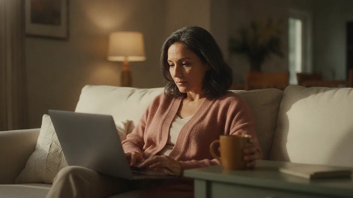 Woman trying online dating for women over 50, editing her profile on a laptop with tea