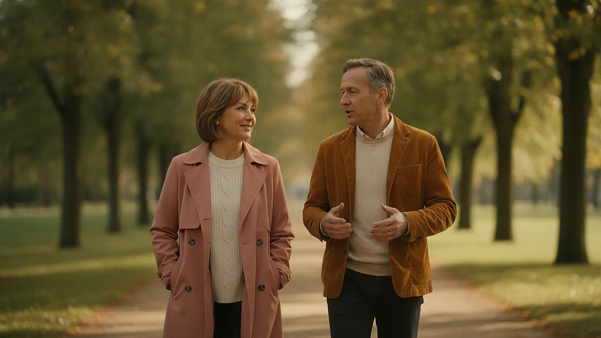 Couple in their 50s talking easily on a park walk