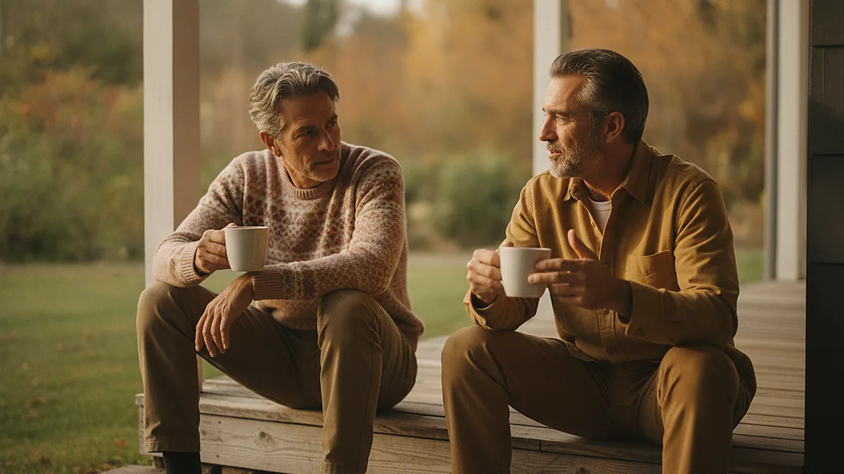 Two men in their late fifties talking honestly over coffee on a porch