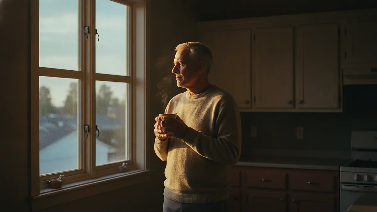 Man in his early 60s at a kitchen window at dawn with a cup of coffee
