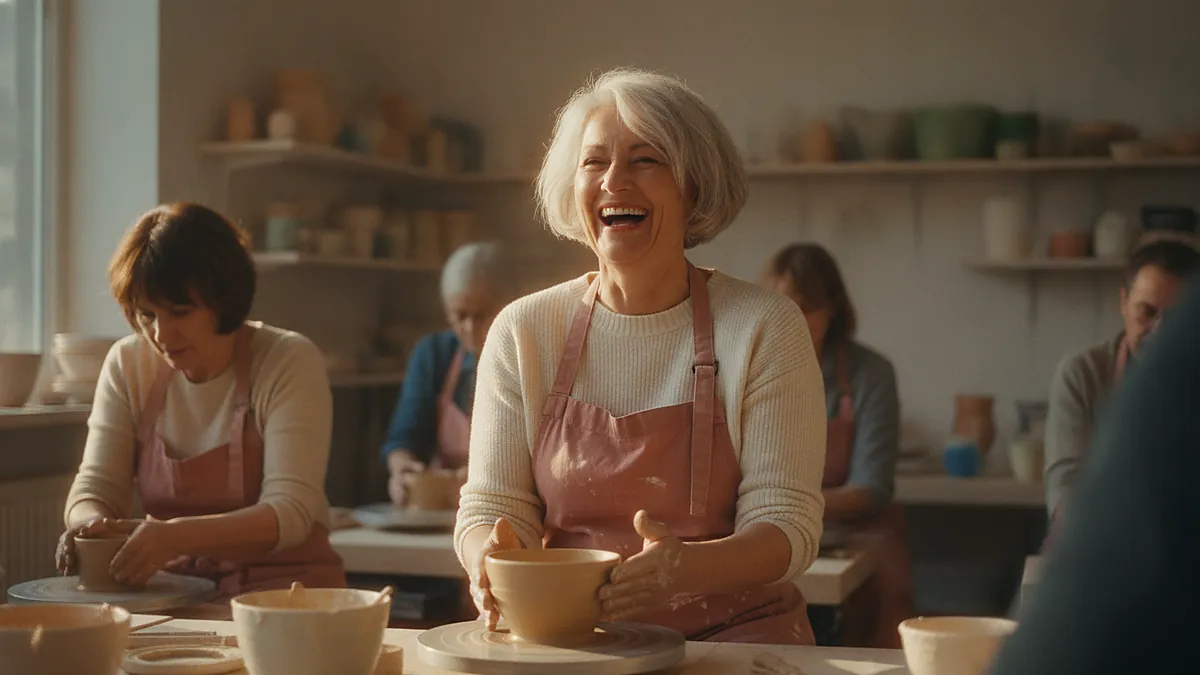 Woman in her 50s laughing with a small group at a pottery class